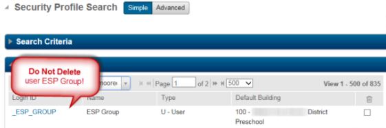 Do not delete the reserved user profile _ESP_GROUP created by PowerSchool