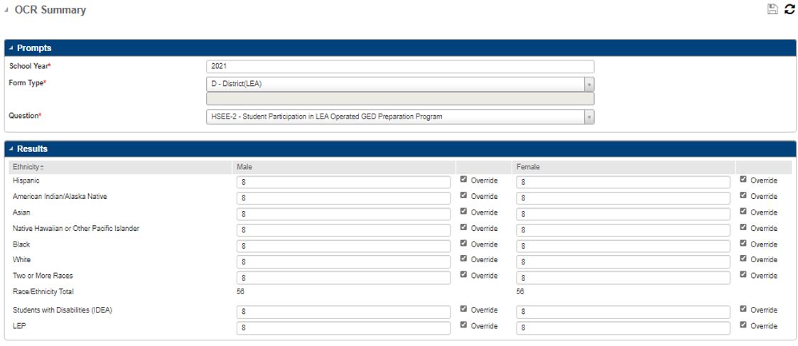 In the District (LEA) form, you can review and edit student counts for DSED-2 and HSEE-2 questions