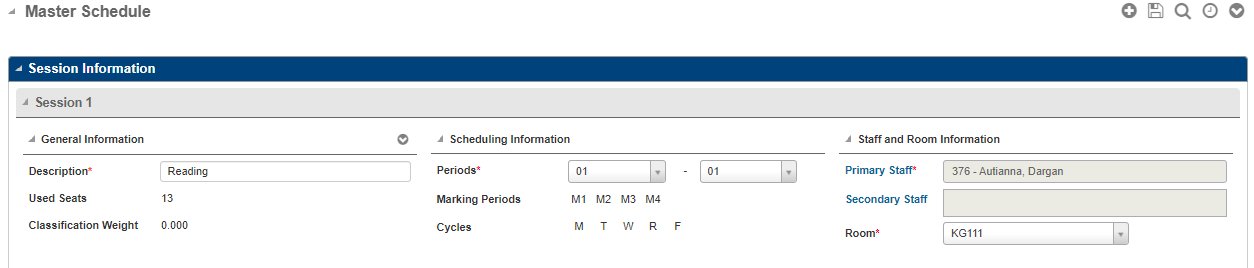 Master Schedule page to define the Staff member details and assign Staff members to a Master Schedule course section.