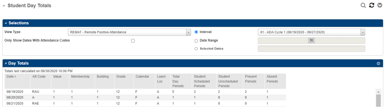 Remote Positive Attendance Example for Day Totals