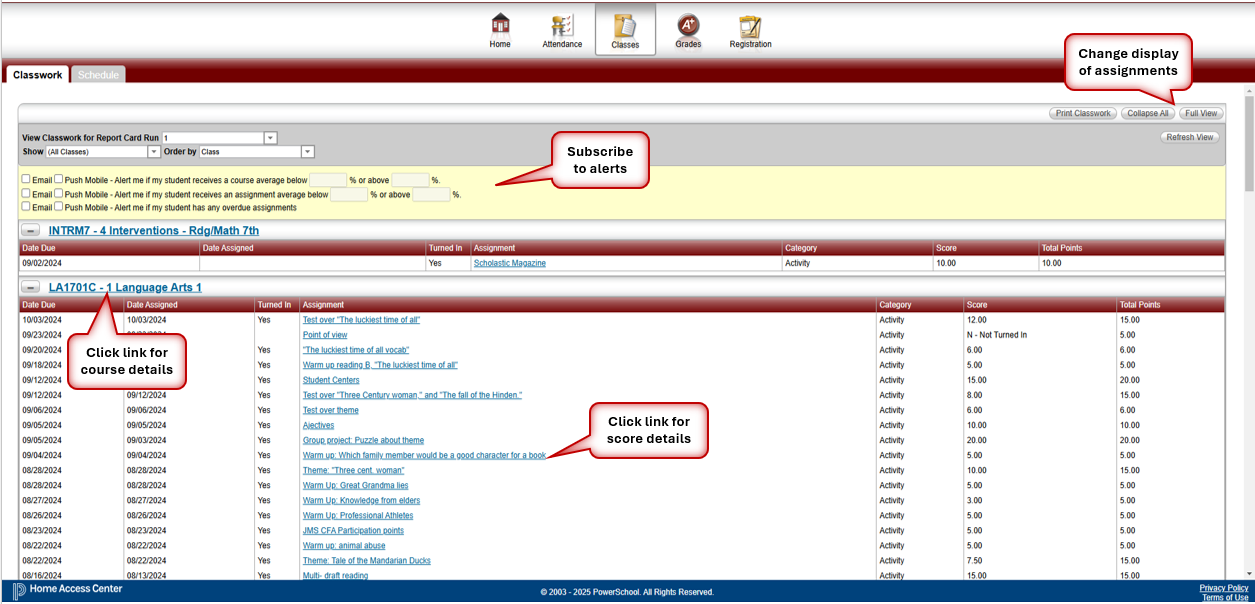 HAC Classwork view for Courses
