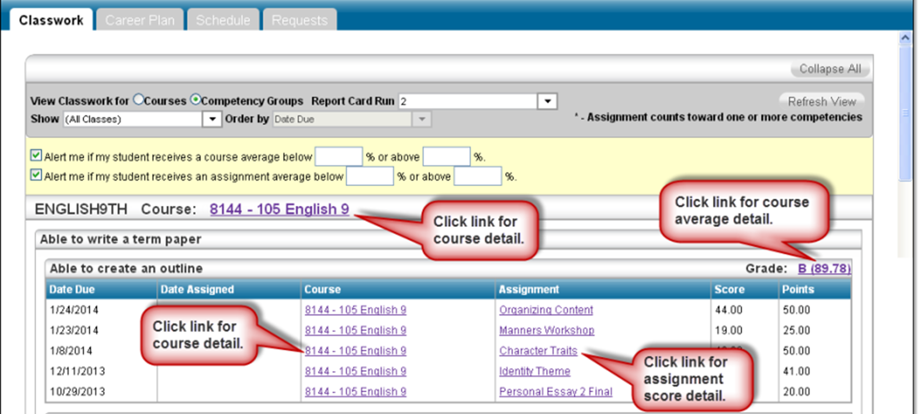 HAC Classwork view for Competency Groups