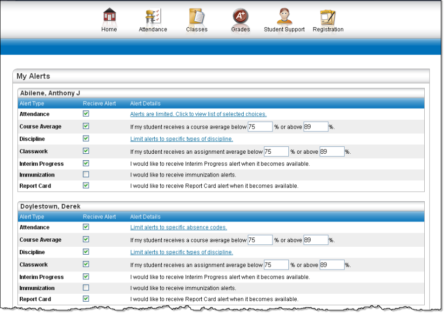 My Alerts page showing different alerts subscribed by the parent of student.