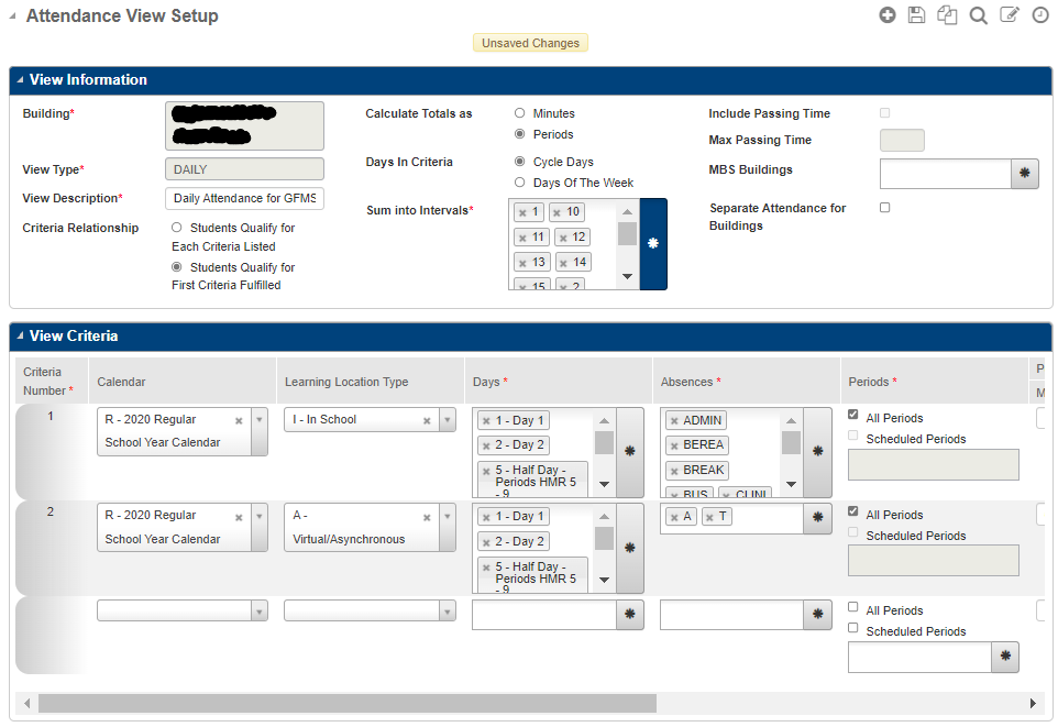 Attendance View Setup - Learning Location