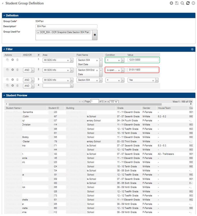 Student Group Definitions are identified by a Group Code and Description, and each record is associated with a Group Used For record