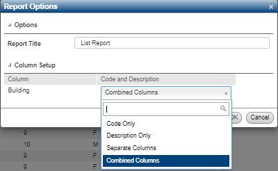 Report Options to select the Column Setup