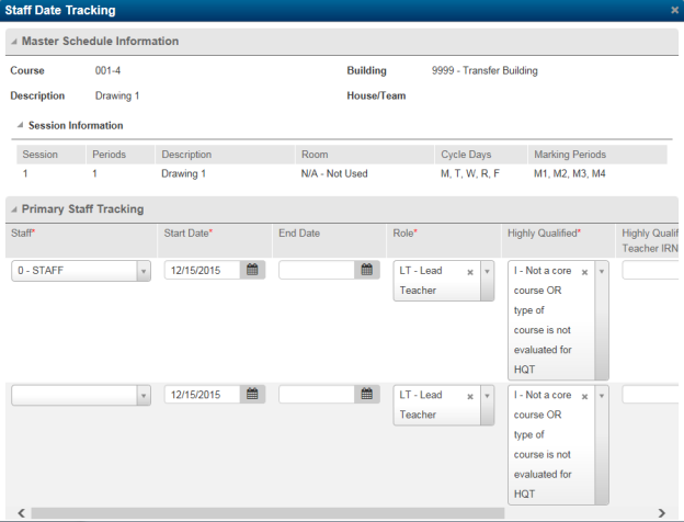 Staff Date Tracking page to assign a primary staff member to a course-section session